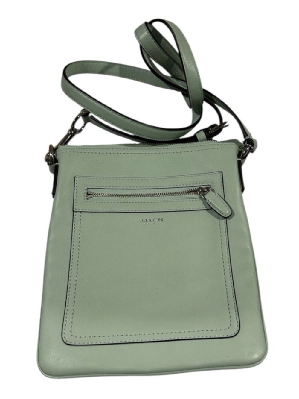 Coach Light Green Crossbody Bag with Zipper & Stitching Accents